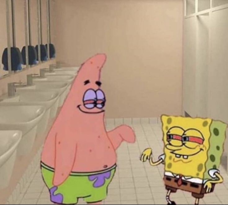 an animated spongebob character standing next to another cartoon character in a public restroom