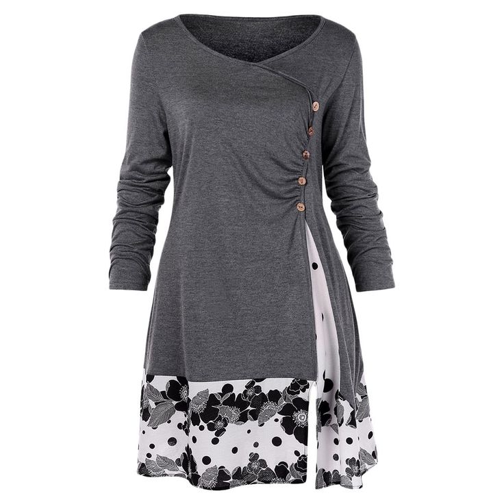 Draped Floral Tunic T-shirt - Gray - 3992415612 - Women's Clothing, Plus Size Women's Clothing  #PlusSizeWomensClothing #Women's #Clothing # #Plus #Size #Women's #Clothing Woman Blouse Casual, Tunic Shirts, Long Tunic Dress, Boutique Gifts, Autumn T Shirts, Womens Shirt, Floral Tunic, Long Tunic, Plus Size Kleidung