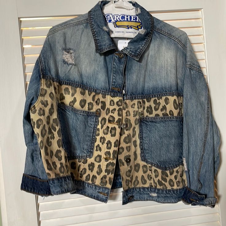 Leopard Print / Denim Jean Jacket. Nwt Runs Big. It’s A Medium I’m A Large And I Think It’s Too Big. Brown Denim Outerwear For Spring, Casual Brown Denim Outerwear, Spring Brown Denim Outerwear, Casual Brown Denim Jacket, Medium Wash Denim Outerwear With Graphic Print, Medium Wash Long Sleeve Denim Jacket With Graphic Print, Oversized Denim Outerwear With Letter Print, Leopard Print Denim Jacket, Jean Jacket Hoodie