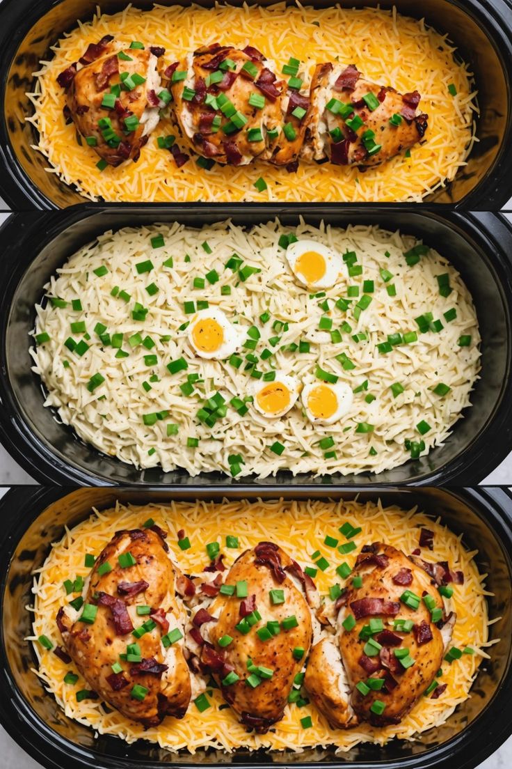 four different types of chicken and rice casserole in black pans with green onions