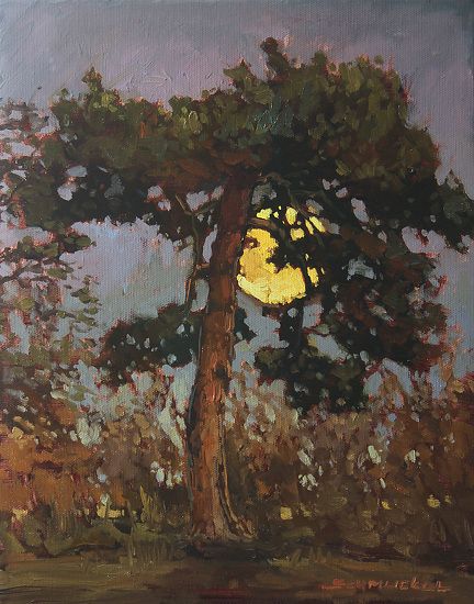 an oil painting of a tree with the moon in the sky above it and trees below