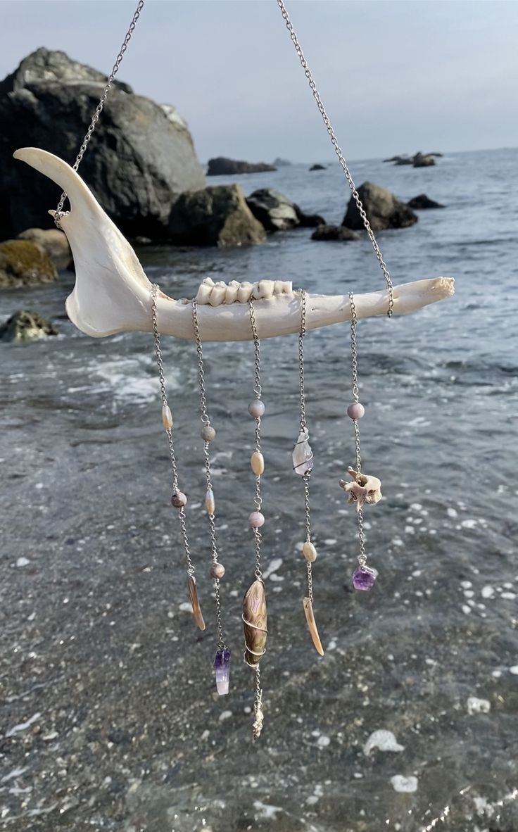 a sea shell hanging from a chain on the beach with seashells attached to it