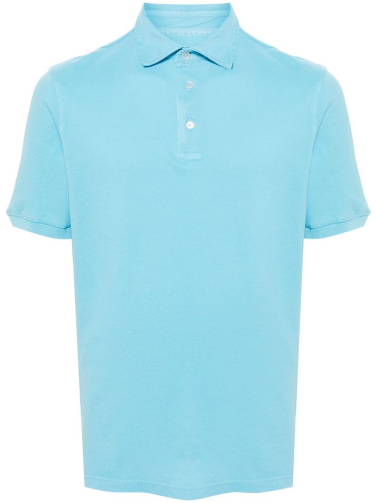 sky blue cotton piqué weave tonal stitching polo collar short sleeves with ribbed trim short side slits straight hem short front button fastening Pique Polo Shirt, Polo Collar, Sky Blue, Polo Shirt, Stitching, Short Sleeves, Mens Shirts, Trim, Luxury Fashion