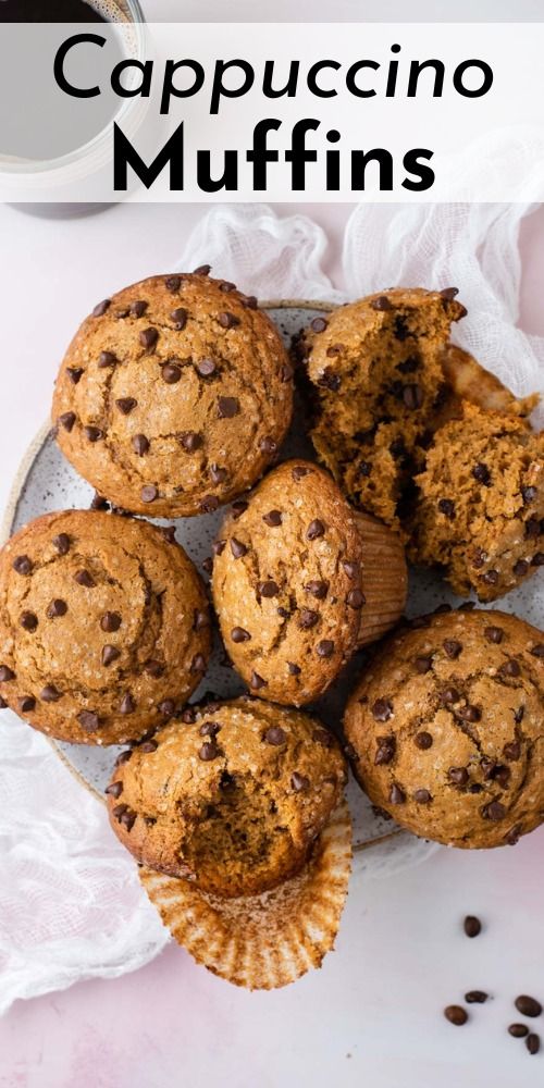 chocolate chip muffins on a plate with coffee in the background and text overlay that reads cappuccino muffins