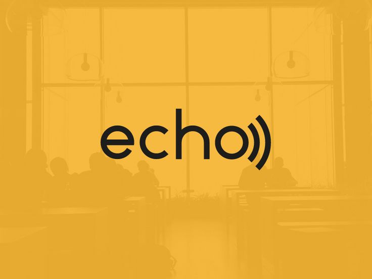 the word echo is written in black on a yellow background with people sitting at tables