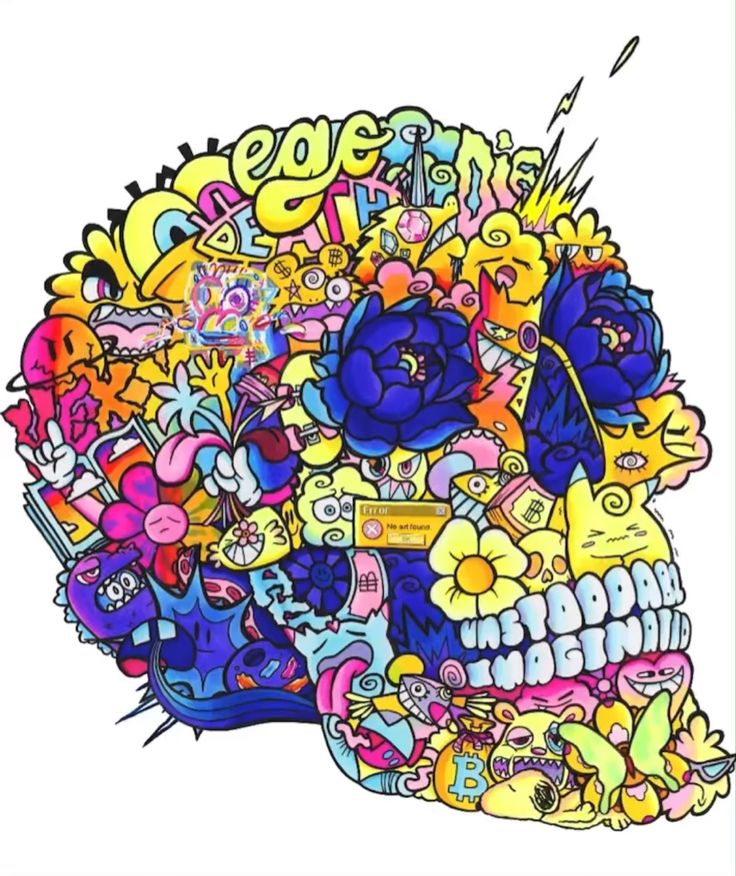 a drawing of a skull with lots of stickers on it