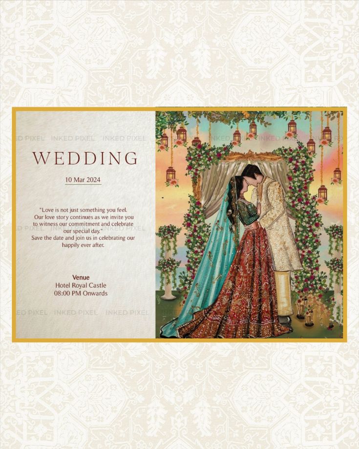 a wedding card with an image of two people