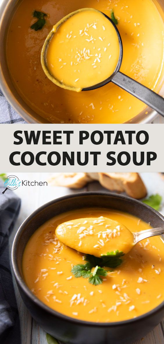 sweet potato coconut soup in a bowl with spoon and title text overlay that reads, sweet potato coconut soup