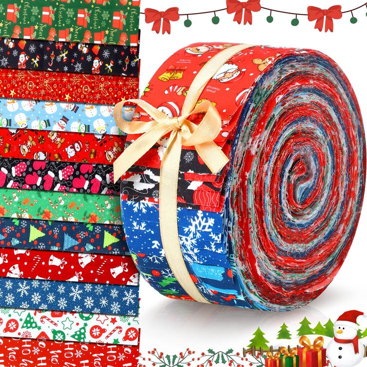 a roll of christmas ribbon next to a pile of holiday wrapping