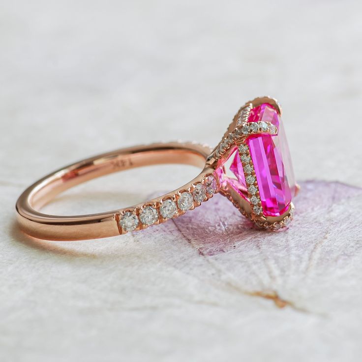 pink sapphire ring sapphire moissanite ring Pink Sapphire Ring Engagement, Pink Diamond Ring, Sapphire Rings, Pink Sapphire Ring, Party Rings, Hidden Halo, Halo Diamond Ring, Radiant Cut, Sapphire Jewelry