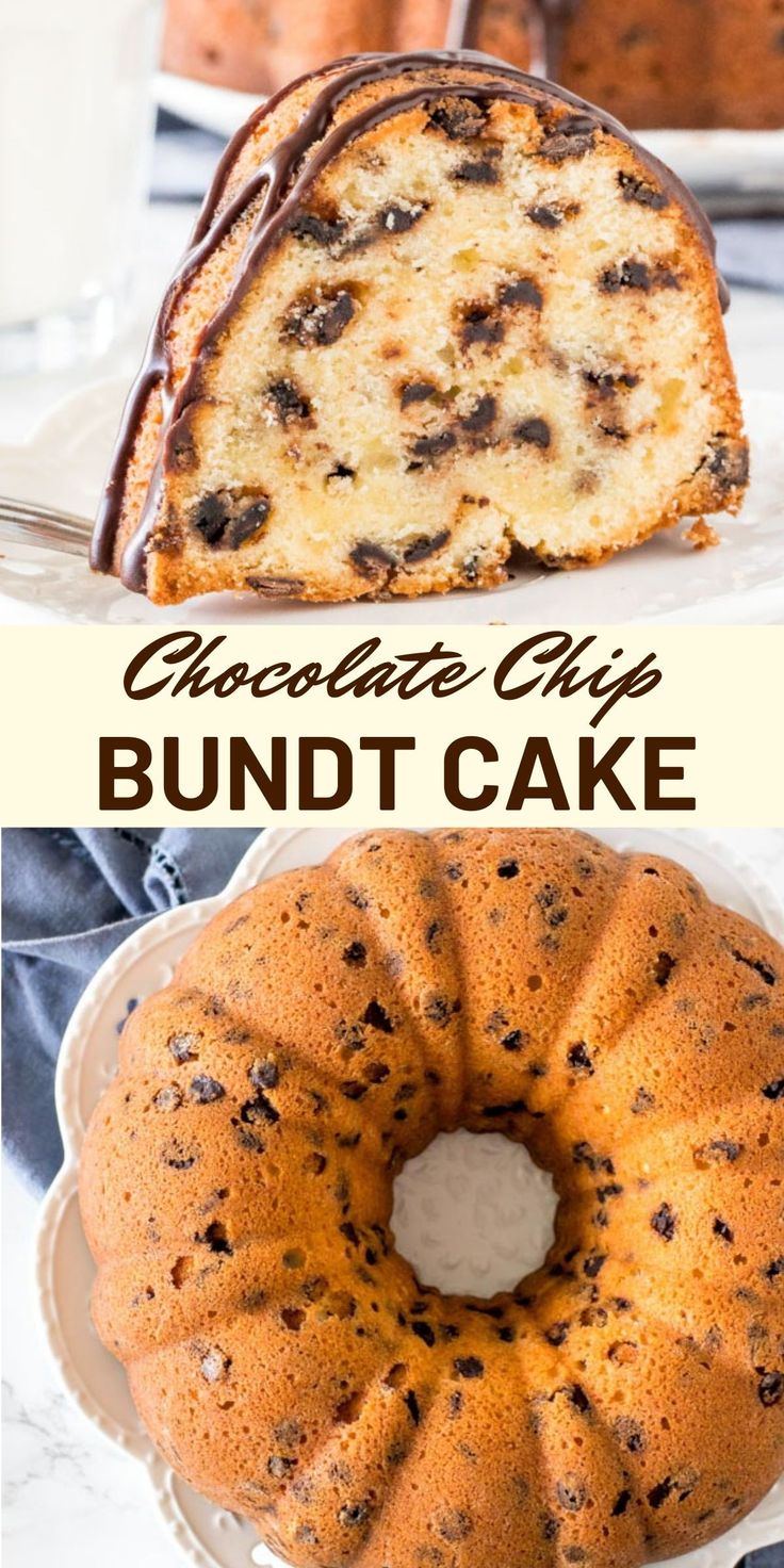 chocolate chip bundt cake on a plate with the bundt cake in the background