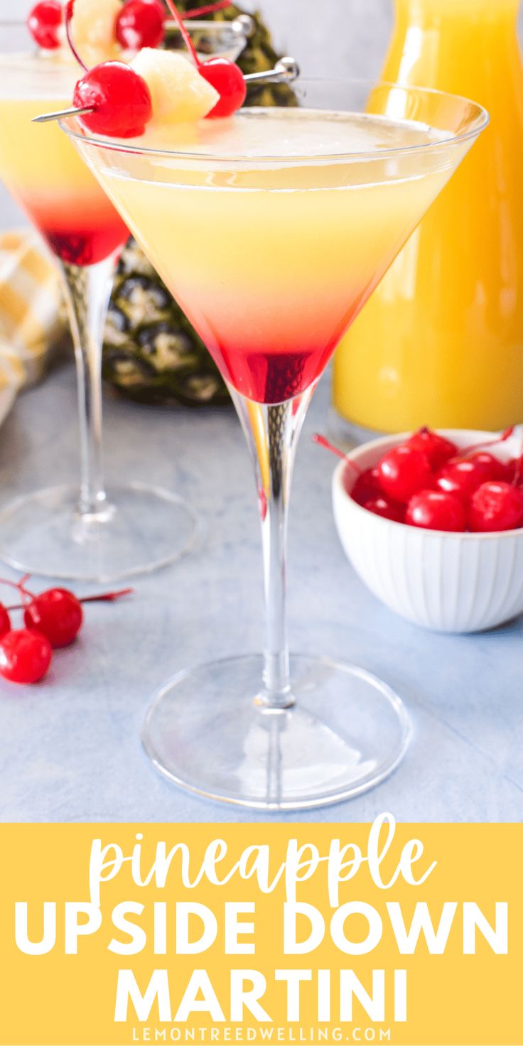 the pineapple upside down martini is garnished with cherries and served in coupe glasses