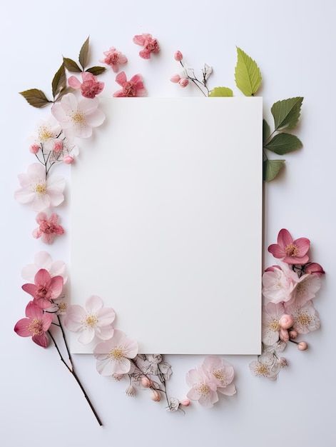 an empty sheet of paper surrounded by flowers and leaves on a white background with space for text