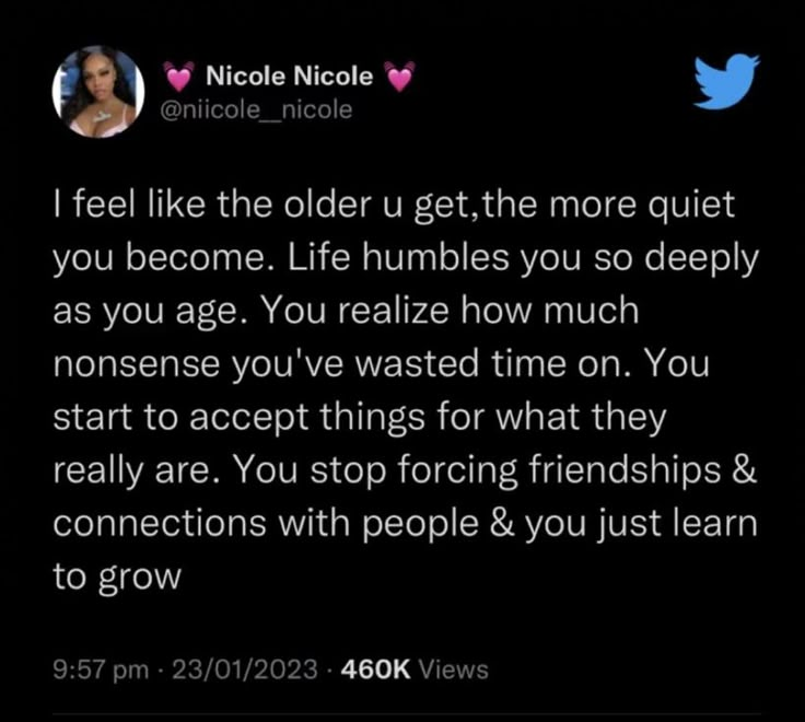 a tweet from nicole nicole on twitter that reads, i feel like the older u get the more quiet you become