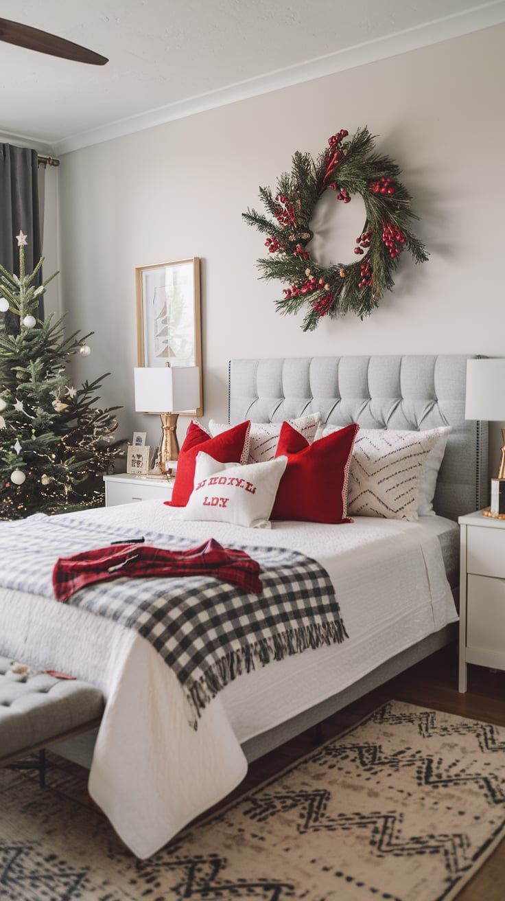 a bedroom decorated for christmas with a wreath on the wall above the bed and plaid throw pillows