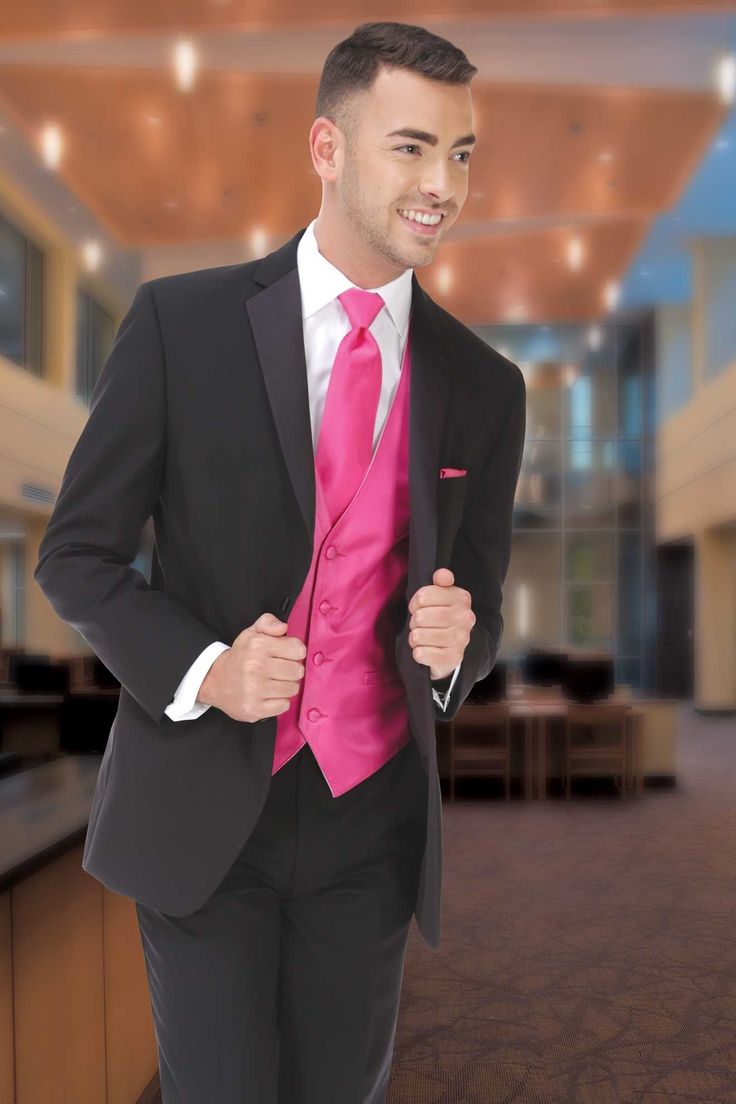 All Black Suit With Pink Tie, Hot Pink Tuxedo Prom, Black Suit Pink Shirt, Black And Pink Tuxedo, Chambelanes Outfits Quinceanera, White Prom Suit, Pink Tux, Pink Prom Suit, Tuxedo Ideas