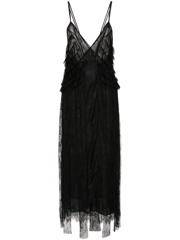 black lace overlay V-neck sleeveless ruffled detailing draped detailing rear criss-cross straps scallop hem internal slip dress concealed rear zip fastening Blumarine Dress, Long Lace Dress, Scallop Hem, Maxi Dress Black, Lace Dress Long, Lace Dress Black, Lace Maxi, Lace Maxi Dress, Lace Overlay