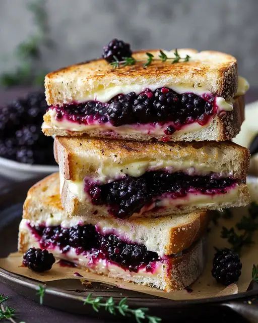 two grilled sandwiches stacked on top of each other with blueberries and cream cheese