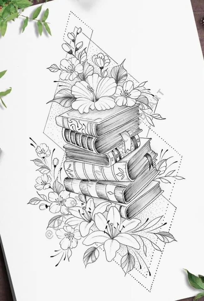 some books are stacked on top of each other with flowers and leaves in the background