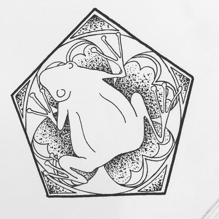 a black and white drawing of a frog in a hexagonal frame on paper