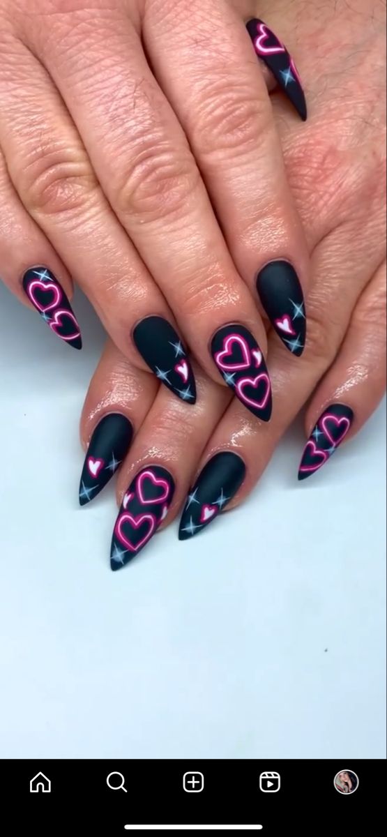 Neon Black Nails Designs, Black Pink Heart Nails, Hot Pink And Black Prom Nails, Purple Vday Nails, Halloween Valentines Nails, Gothic Valentine Nails, Witchy Valentines Nails, Gothic Pink Nails, Pink Gothic Nails