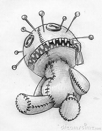 a drawing of a teddy bear with many pins in it's head and eyes