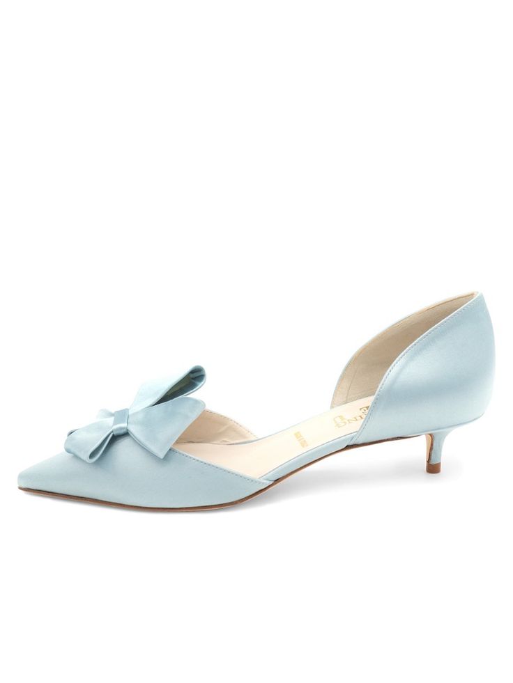 Something Bleu Women’s Cliff d'Orsay Kitten Heel in Light Blue Satin Formal Kitten Heels With Sculpted Heel, Formal Sculpted Kitten Heels, Elegant Kitten Heels With Round Toe And Leather Sole, Elegant Kitten Heels With Leather Sole And Round Toe, Pointed Toe Flats With Leather Sole For Formal Occasions, Luxury Pointed Toe Flats For Evening, Formal Snip Toe Heels With Sculpted Heel, Pointed Toe Court Shoes With Leather Sole For Galas, Wedding Shoes With Sculpted Heel And Closed Toe