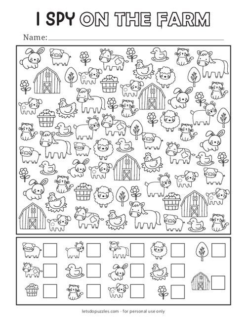 i spy on the farm worksheet for kids to learn how to read and color