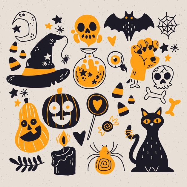 an image of halloween icons on a white background with orange and black colors, such as bats, skulls, pumpkins, jack - o'lanterns