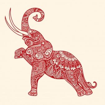 an elephant with intricate patterns on it's body is shown in red and white