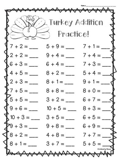 a turkey addition practice sheet for students to learn how to solve the missing numbers and subtitles