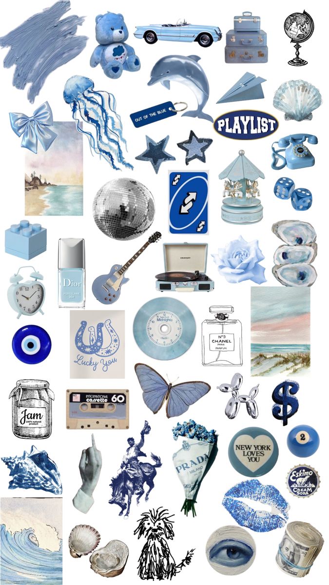 various blue and white items are arranged together