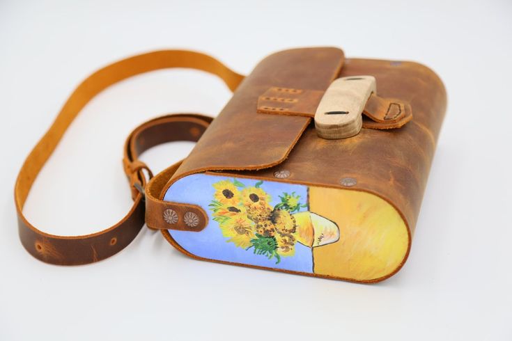 Hand made and hand painted specially for you Sunflowers Painting, Stylish Leather Bags, Painted Purse, Custom Purses, Laser Engraved Leather, Van Gogh Sunflowers, Painted Bags, Leather Portfolio, Hand Painted Leather