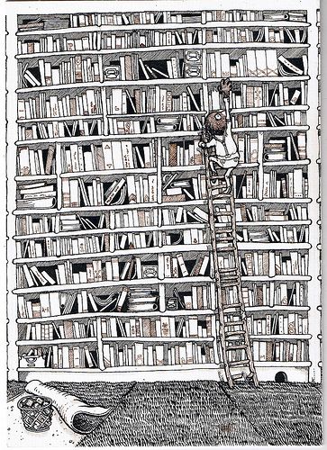 a drawing of a man climbing up a ladder in front of a bookshelf