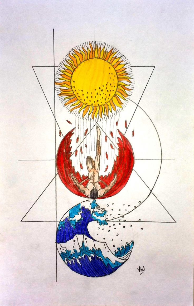 a drawing of a person hanging on to the side of a sun and water ball