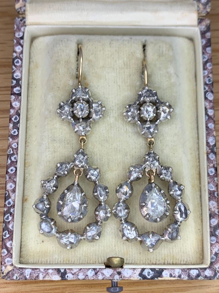 The earrings measure 40mm by 20mm. The total weight of the rose cut diamond is approxinlay 4ct. The front of the earrings is silver and the back test as 15ct yellow gold as do the hook fittings. The earrings are in very good condition with no visible damage and look very nice when worn. Georgian Engagement Ring, Rose Cut Diamond Pendant, Georgian Jewelry, Rosecut Diamond Ring, Pearl And Diamond Ring, Engagement Ring Diamond Cut, Jewelry Lookbook, Enamel Ring, Lovely Ring