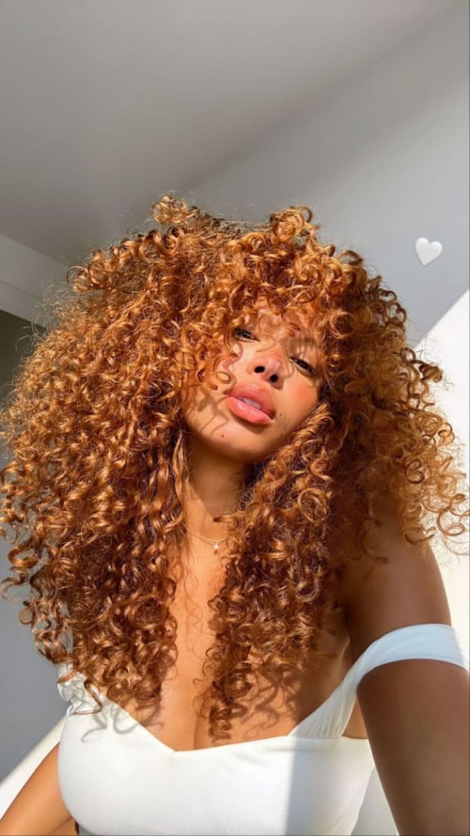 Copper Orange Curly Hair, Golden Brown Hair Honey Curly Hair, Y2k Hair Dye Ideas Curly Hair, Red Blonde Curly Hair, Curly Copper Hair With Highlights, Copper Hair With Blonde Highlights Curly, Cooper Hair Color Curly, Strawberry Blonde Hair Tan Skin, Fall Hair Colors Curly Hair