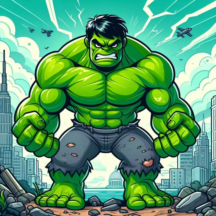 the incredible hulk cartoon character in front of a cityscape with birds flying overhead