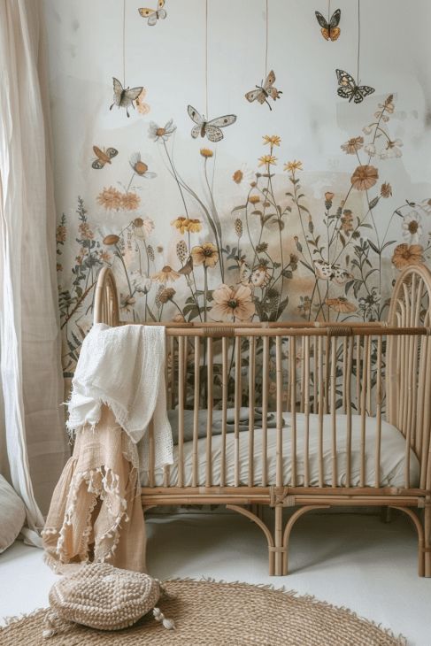 a baby crib in front of a wall with butterflies on it and flowers hanging from the ceiling