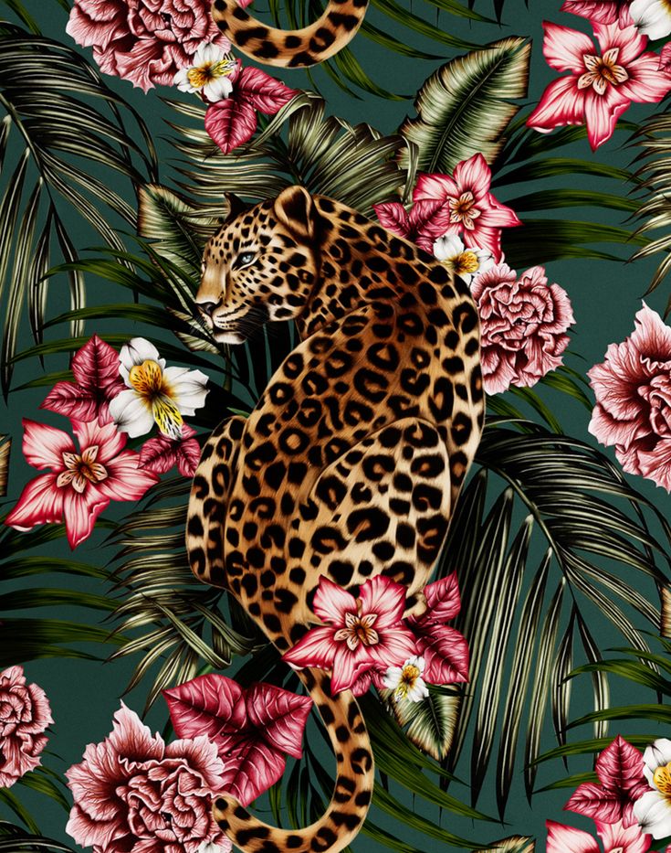 a leopard and flowers pattern on a dark green background with pink, white and yellow flowers