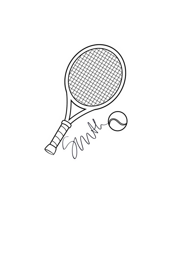 a black and white drawing of a tennis racket hitting a ball with its racquet