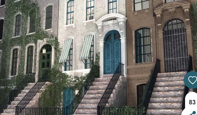 an artist's rendering of a row of houses with stairs leading up to the front door