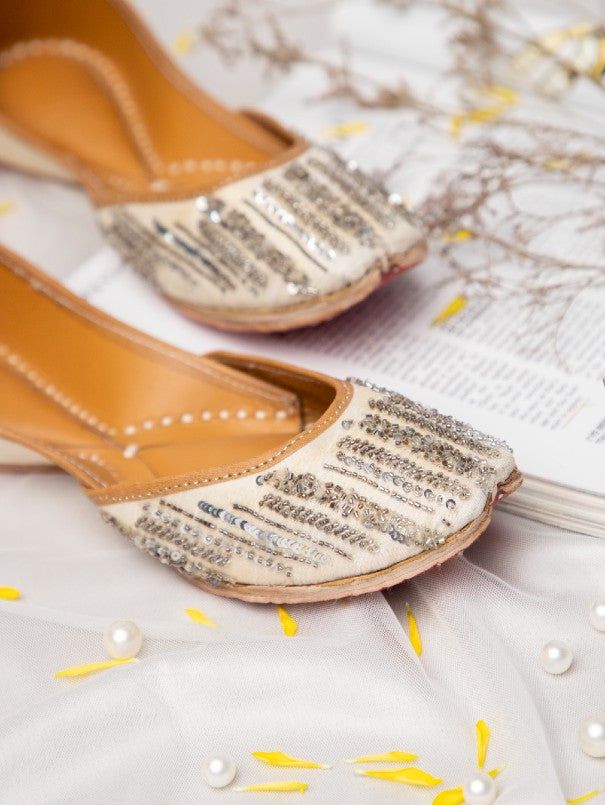 Snow White - Embellished Silk Juttis By Label Dipti Bajaj now available at Trendroots White Jutti, Mild Cleanser, Embroidery Fabric, Fabric Silk, Silver Sequin, Beautiful Embroidery, Crystal Pearls, Best Deal, Hand Embroidery