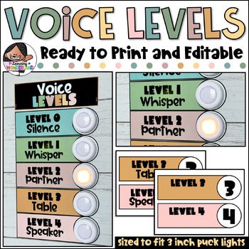 a poster with the words voice levels ready to print and editble on it's side