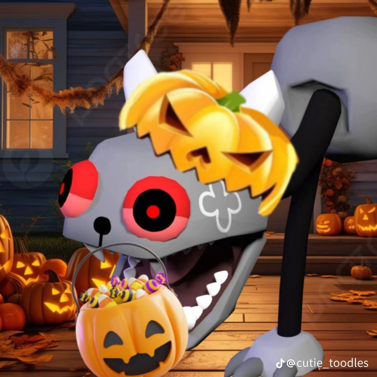 an animated cat with pumpkins and jack - o'- lanterns in its mouth