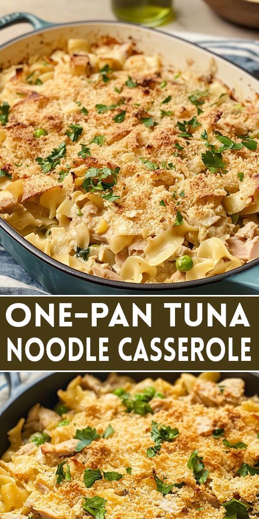 one - pan tuna noodle casserole with parmesan cheese on top