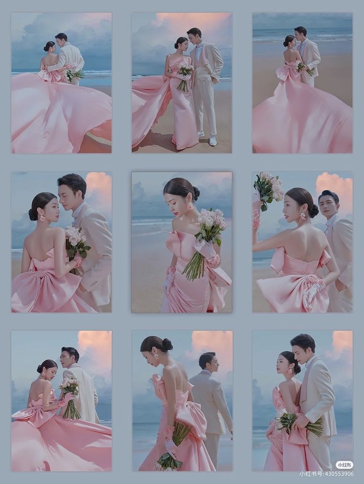 several pictures of people in pink dresses on the beach with flowers and one man wearing a white suit