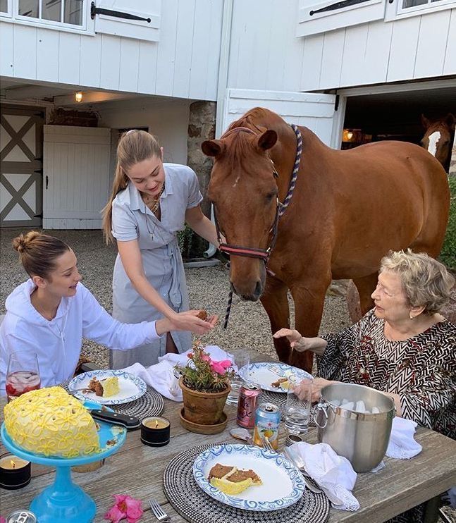 three women sitting at a table in front of a brown horse eating cake and another woman standing next to her