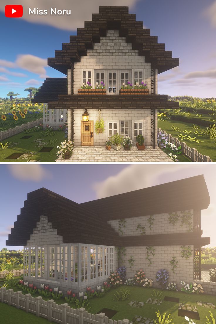 Cute White Brick Minecraft House Build Minecraft Houses With Brick, Sunroom Minecraft, Minecraft Mizunos House, Mizuno Craft House, Minecraft Houses Mizuno, Mizuno Minecraft Houses, Black And White Minecraft House, Minecraft Building Ideas Aesthetic House, Mizuno Minecraft Builds