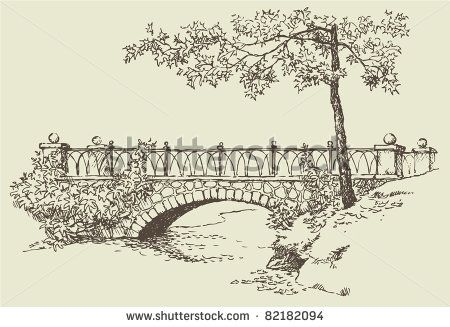 an old stone bridge over a river with a tree in the foreground, vintage line drawing or engraving